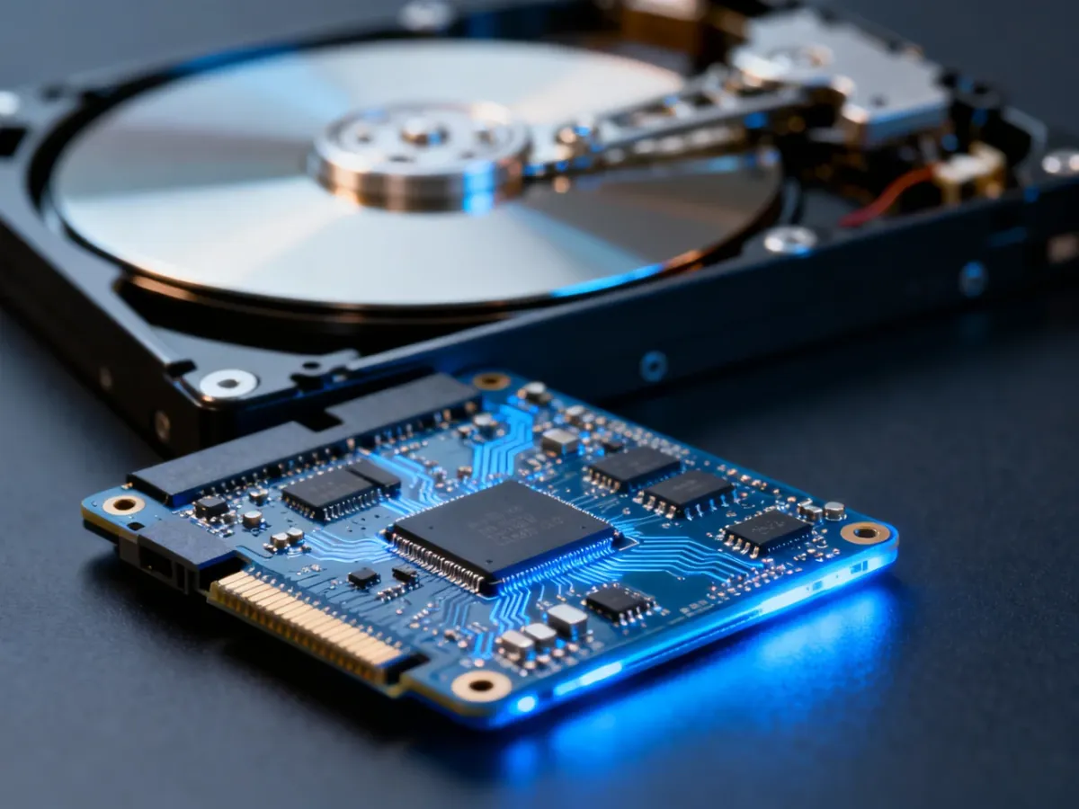Płytka drukowana dysku SSD z niebieskim podświetleniem na pierwszym planie oraz rozmyty dysk HDD w tle.