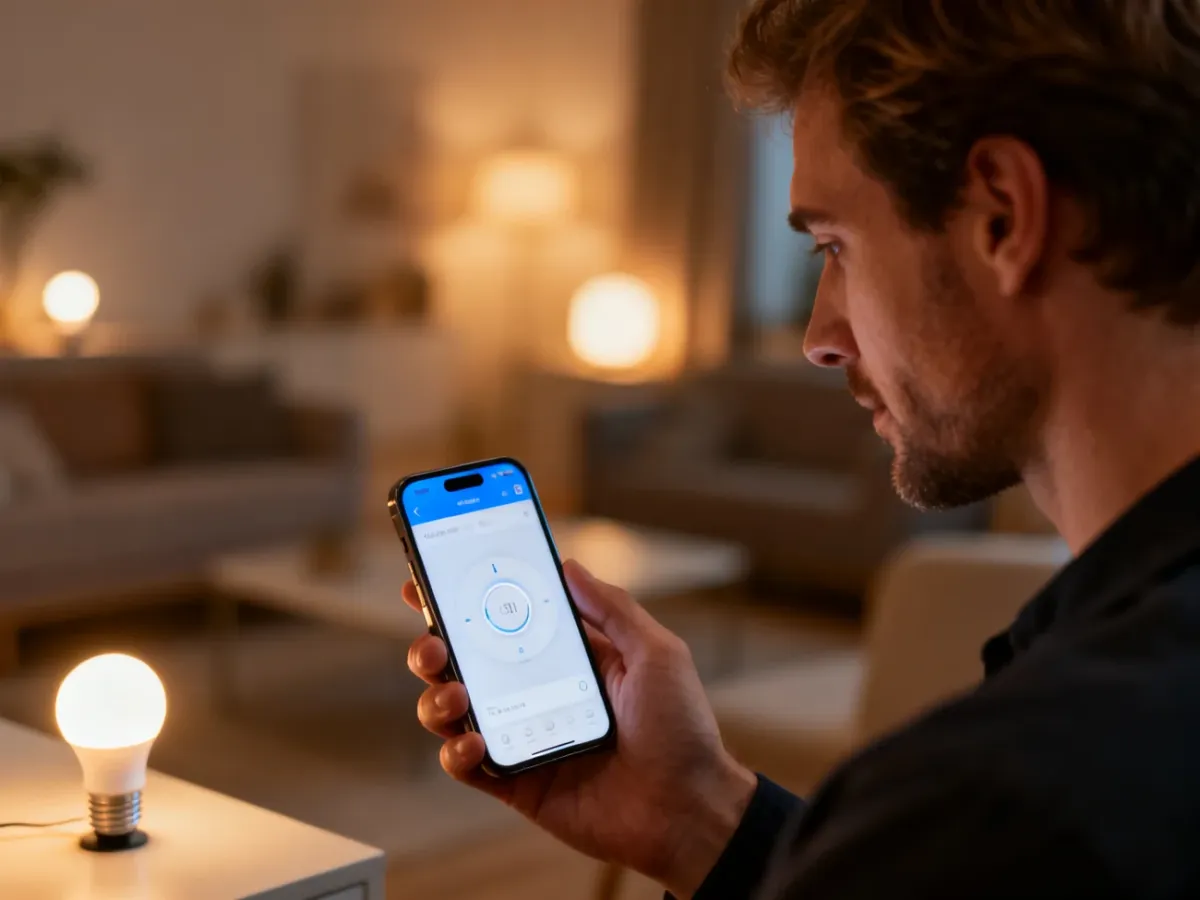 Mężczyzna konfiguruje oświetlenie smart home w aplikacji na smartfonie w przytulnym salonie.