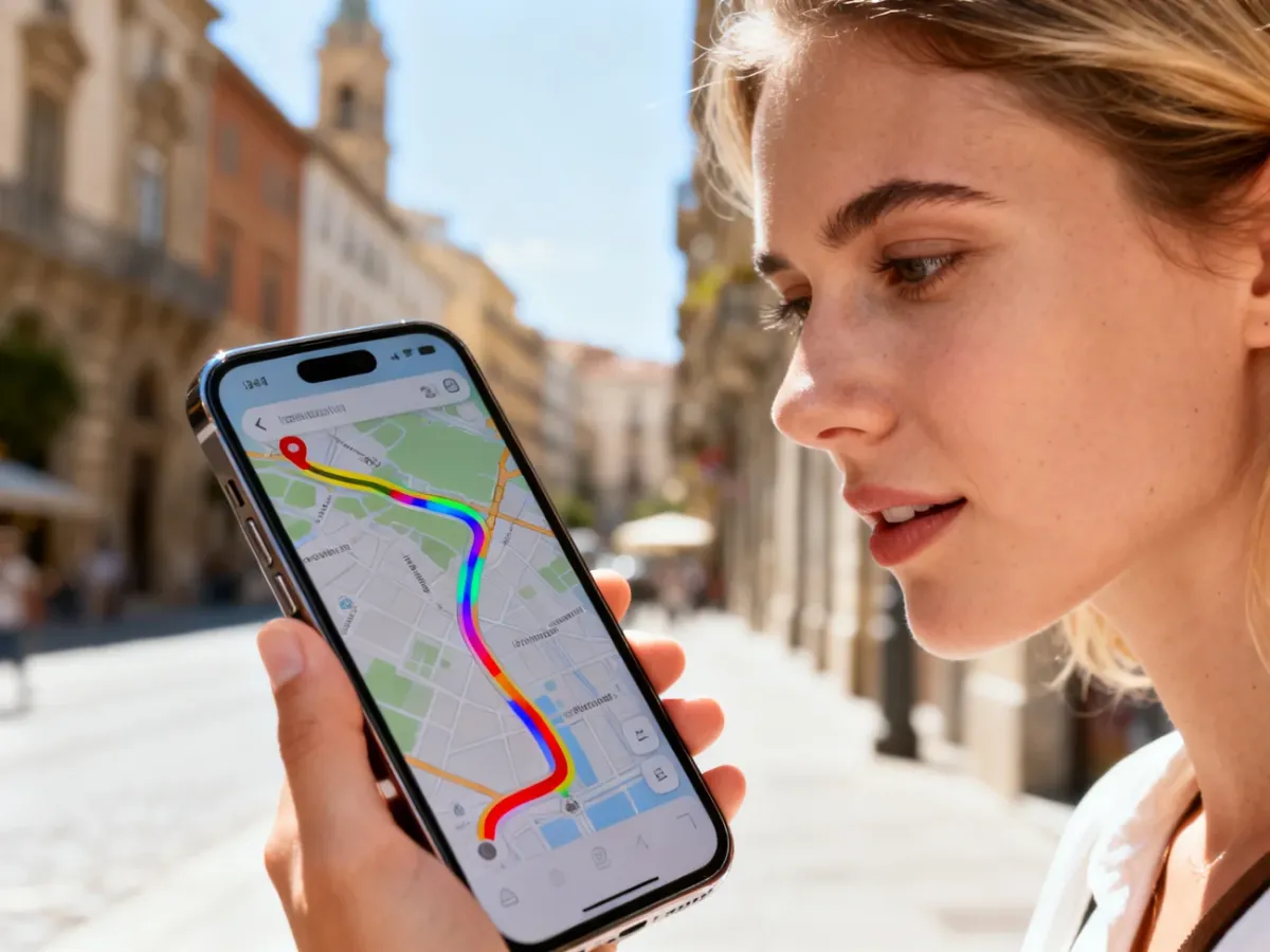 Kobieta sprawdza trasę na mapie w smartfonie, idąc słoneczną ulicą z zabytkową architekturą w tle.