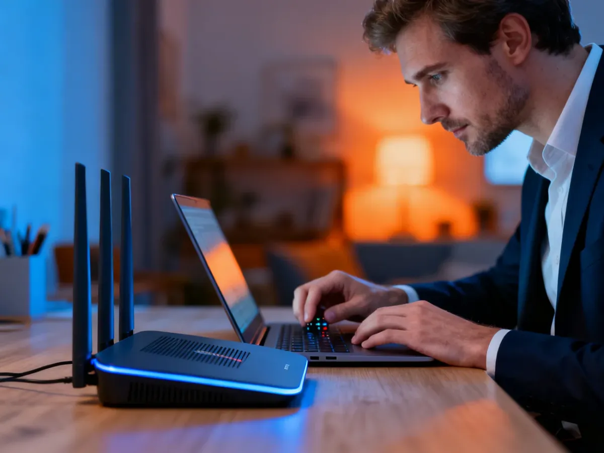 Mężczyzna konfigurujący ustawienia routera na laptopie w domowym biurze, dbający o bezpieczeństwo sieci bezprzewodowej.