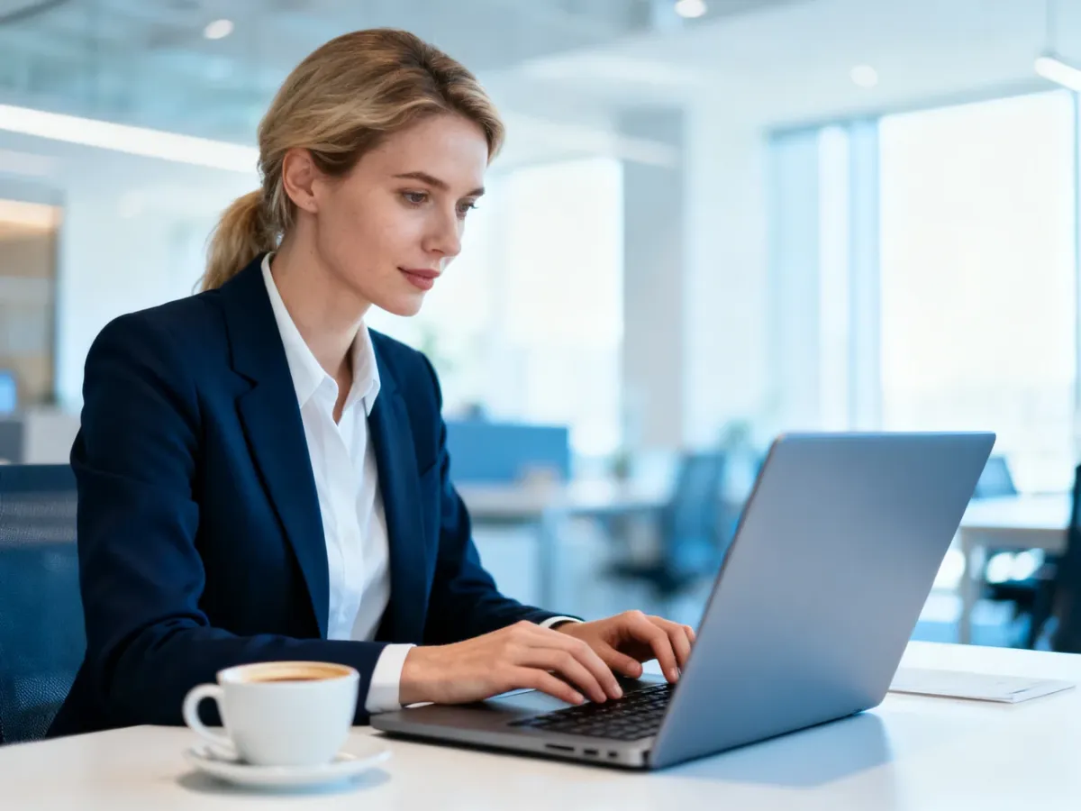 Pracownica biurowa korzystająca z laptopa przy uporządkowanym stanowisku pracy w nowoczesnym biurze.