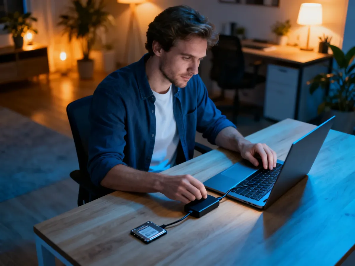 Mężczyzna podłączający zewnętrzny dysk SSD do laptopa przy biurku, przygotowujący się do wykonania kopii zapasowej danych.