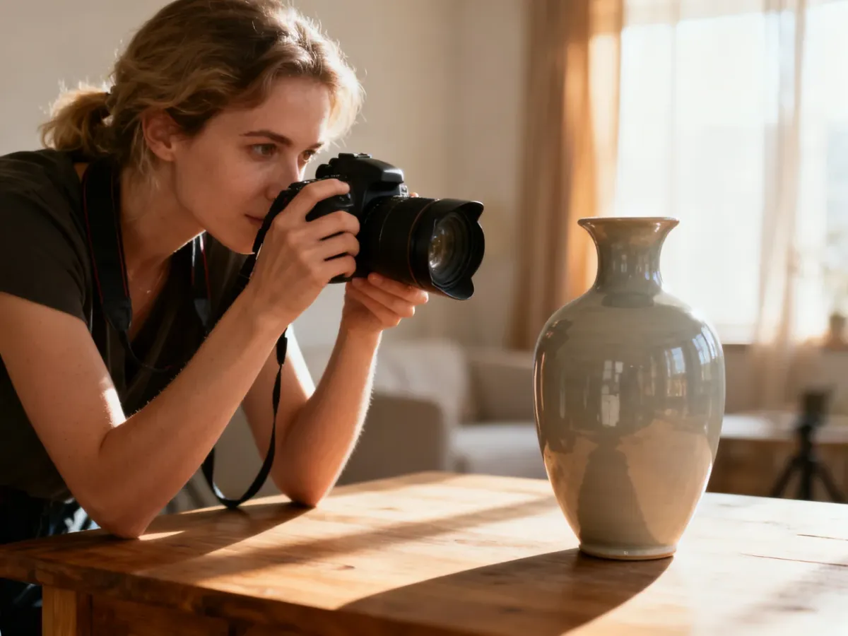 Kobieta fotografuje ceramiczny wazon na drewnianym stole w domowym studio, wykorzystując naturalne światło.