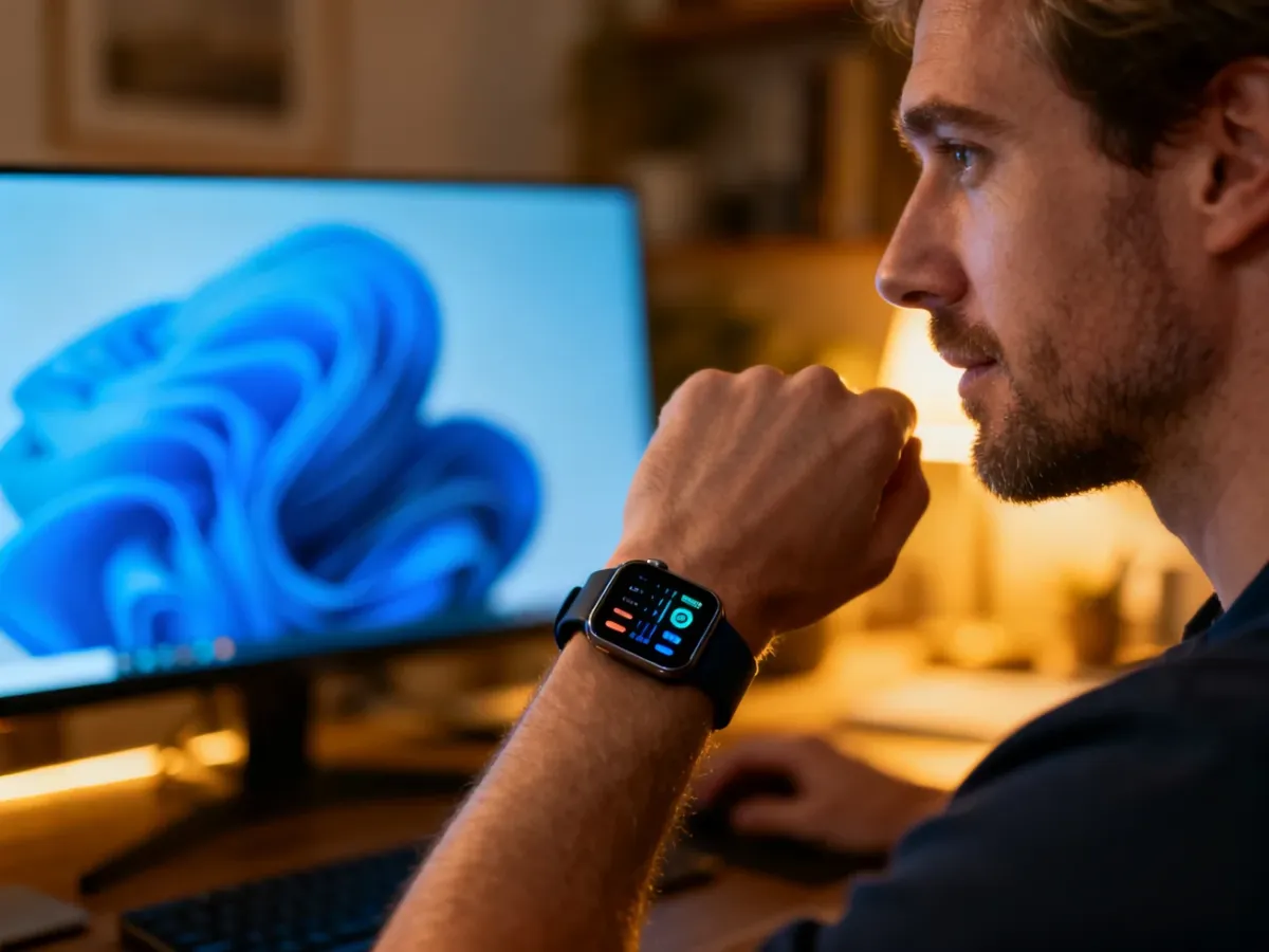 Mężczyzna w domowym biurze prezentuje nowoczesny smartwatch z wyraźnym, podświetlonym ekranem na nadgarstku.