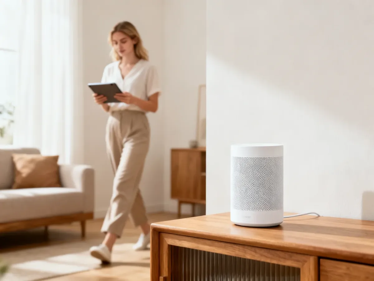 Nowoczesny punkt dostępowy Wi-Fi mesh na stoliku w jasnym salonie, zapewniający płynne połączenie z internetem.