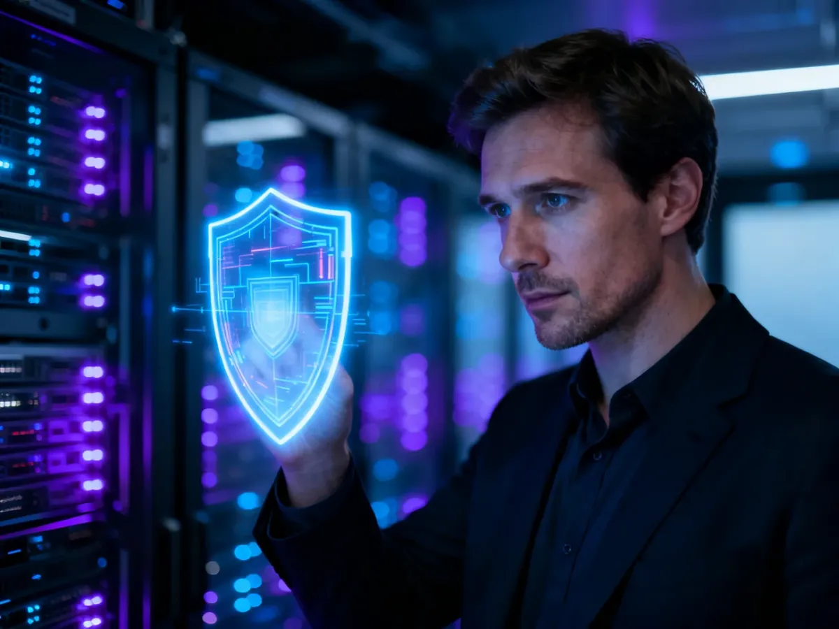 Specjalista ds. cyberbezpieczeństwa monitoruje cyfrową tarczę ochronną w nowoczesnej serwerowni.