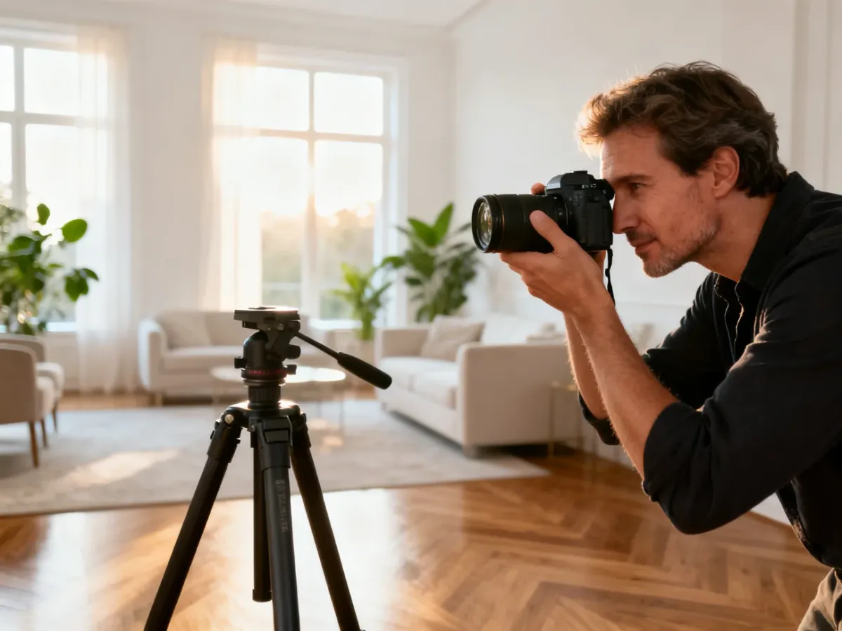 Profesjonalny fotograf używający aparatu bezlusterkowego i statywu do wykonania zdjęcia jasnego, minimalistycznego wnętrza.
