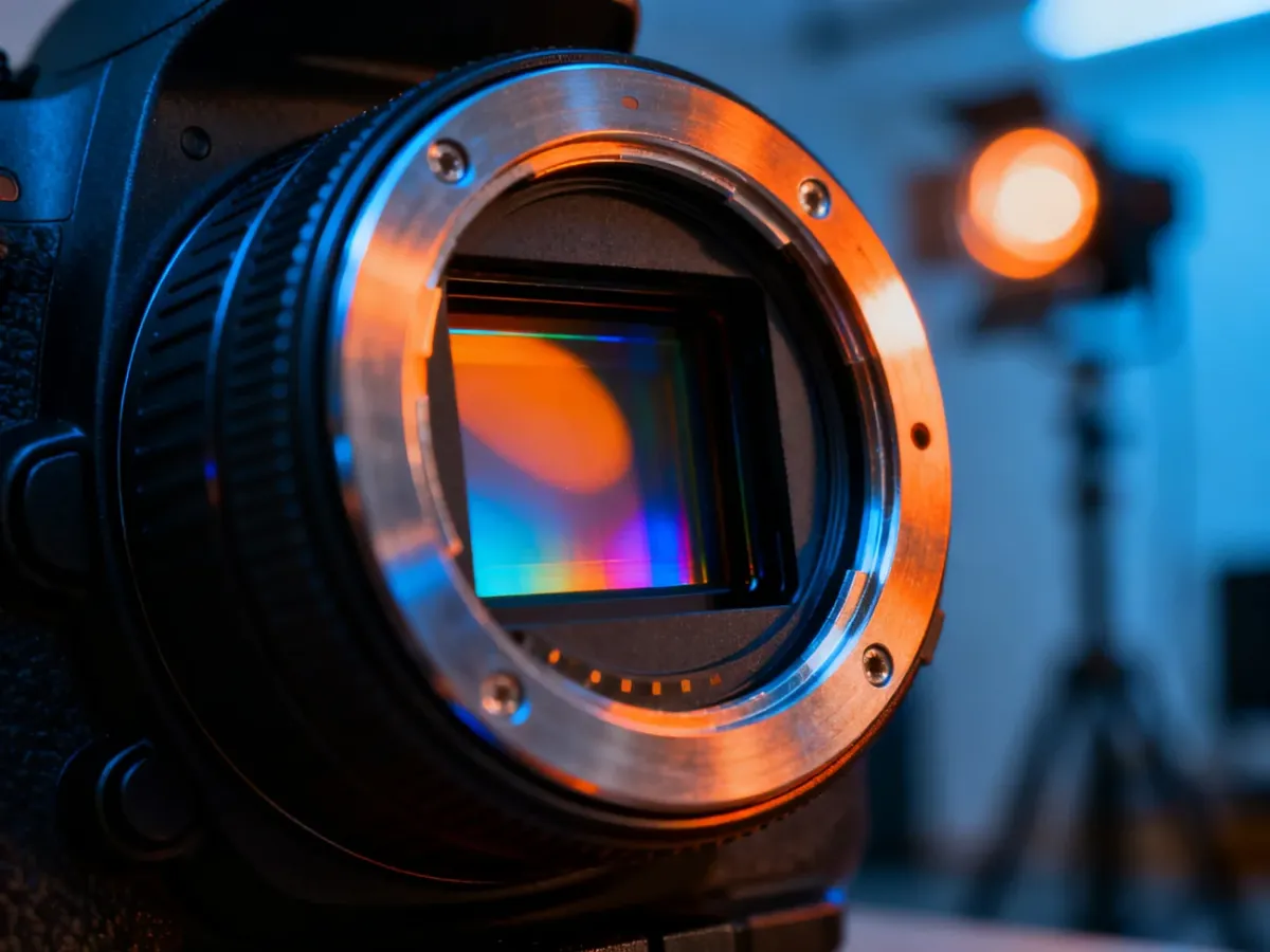 Matryca profesjonalnego aparatu cyfrowego z widocznymi refleksami światła, symbolizująca techniczne aspekty czułości ISO.