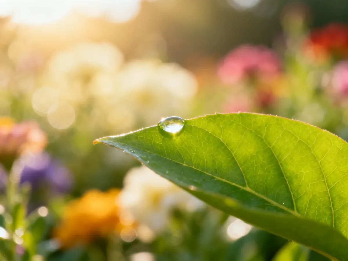 Zbliżenie na kroplę rosy na liściu z rozmytym tłem, ilustrujące efekt płytkiej głębi ostrości w fotografii.