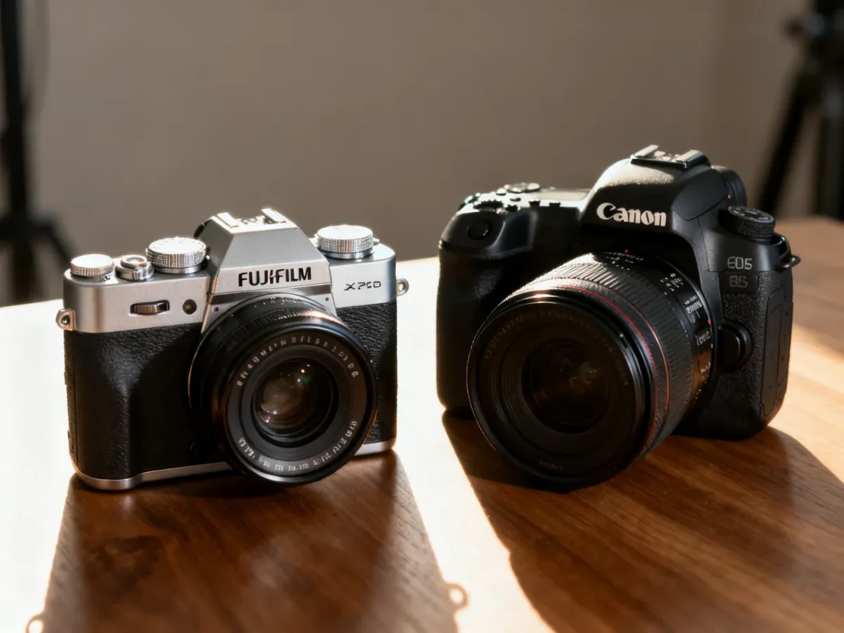 Porównanie bezlusterkowców Canon i Fujifilm ustawionych obok siebie na drewnianym stole w profesjonalnym studiu.