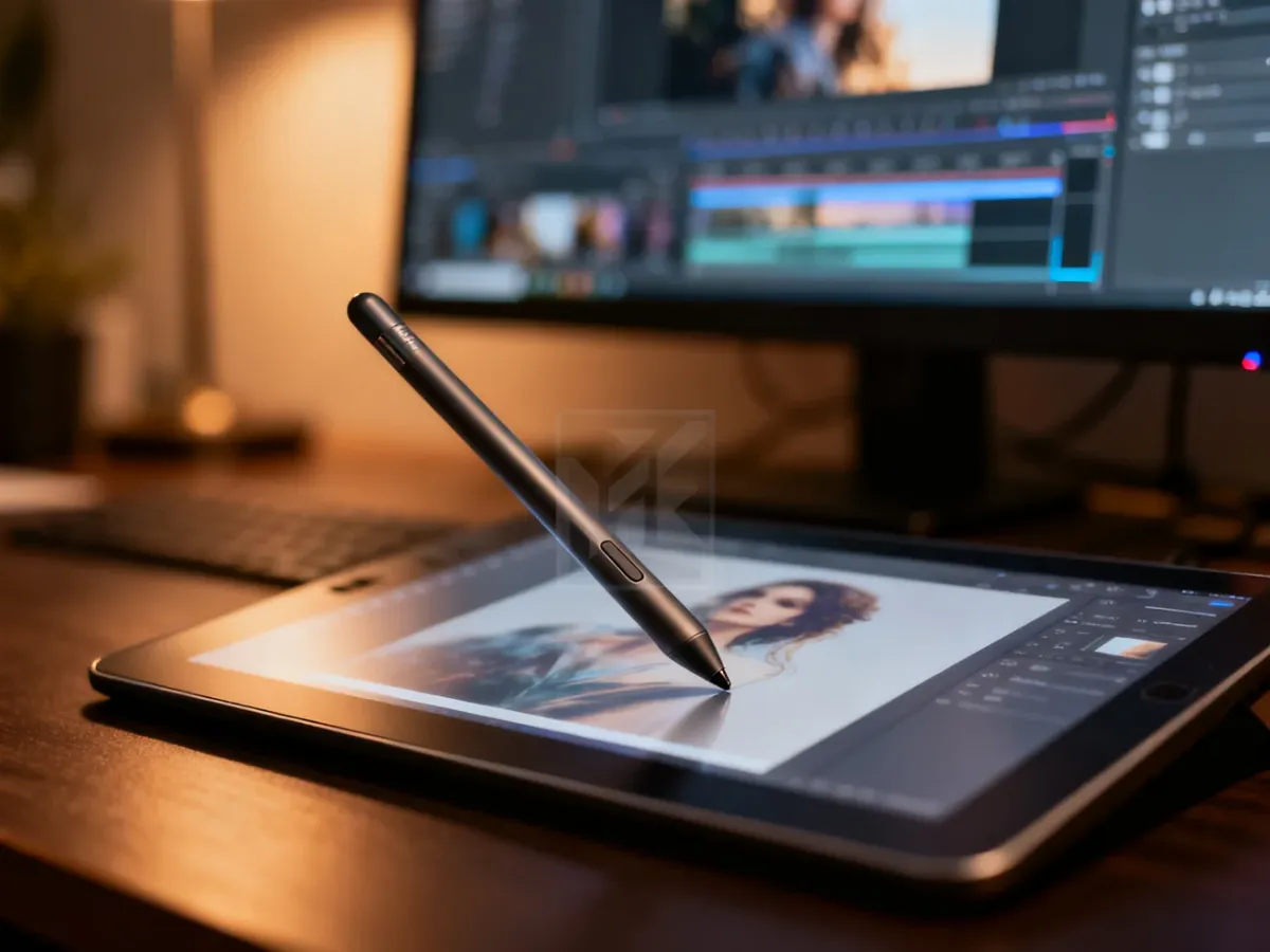 Cyfrowy tablet z rysikiem wyświetlający przezroczysty znak wodny na edytowanym zdjęciu w profesjonalnym programie graficznym.