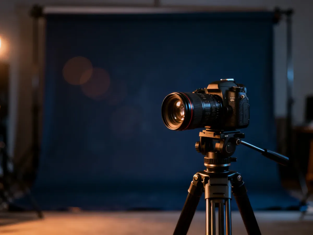Profesjonalny aparat na statywie w studiu fotograficznym, przygotowany do sesji portretowej w przyciemnionym świetle.