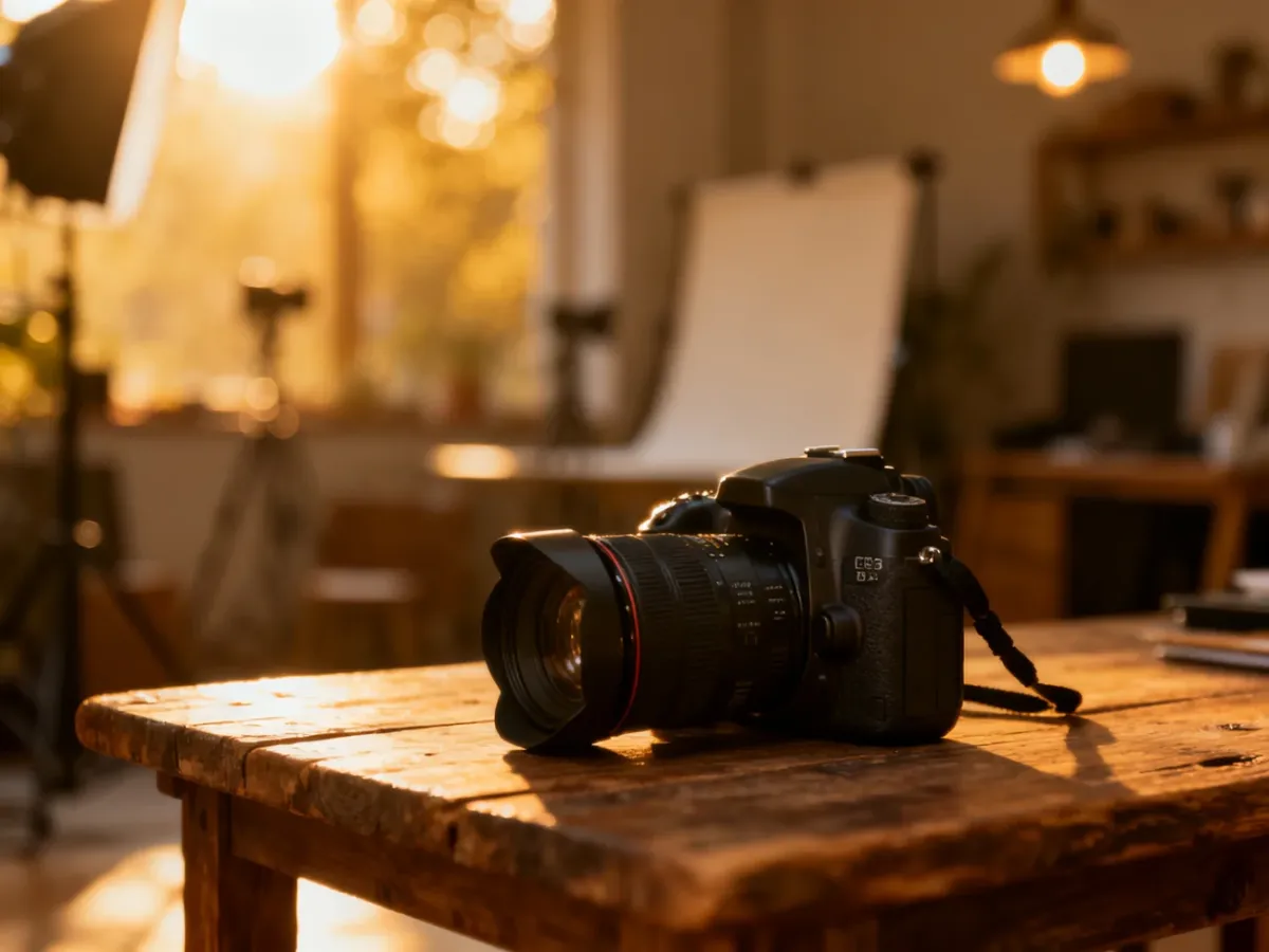 Profesjonalna lustrzanka na drewnianym stole w przytulnym studiu fotograficznym skąpanym w ciepłym świetle popołudnia.