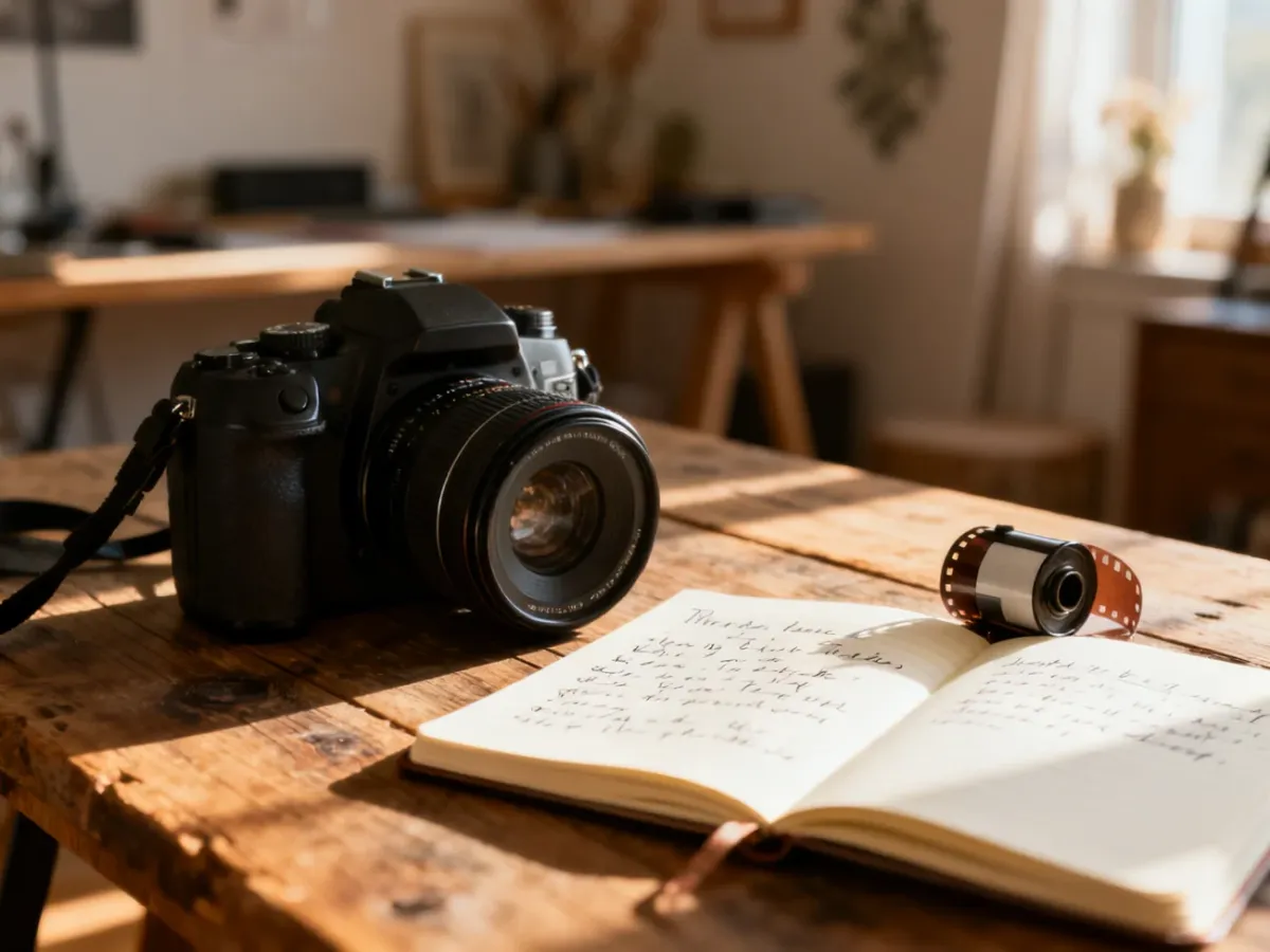 Profesjonalny aparat i rolka filmu na drewnianym stole w przytulnym studiu, budujące klimat vintage.
