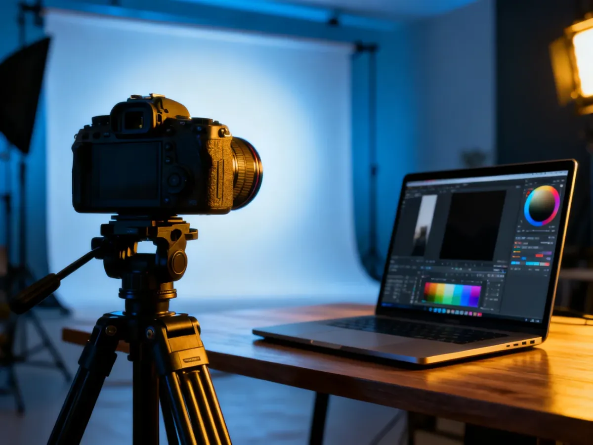 Profesjonalne studio fotograficzne z aparatem na statywie i laptopem z otwartym programem do edycji zdjęć.