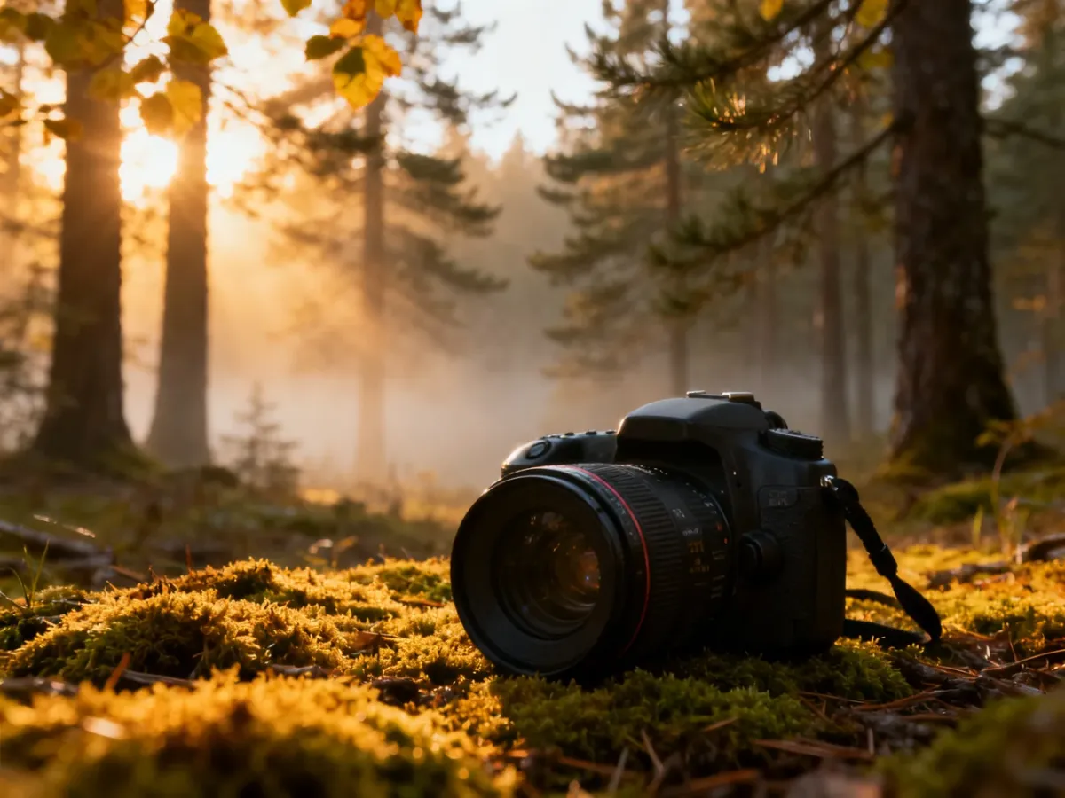Profesjonalny aparat fotograficzny na mchu w lesie o poranku, z rozmytym krajobrazem w tle.
