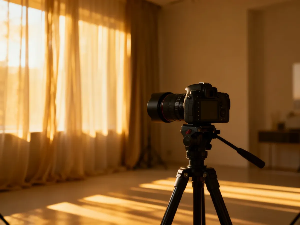 Profesjonalne studio fotograficzne przygotowane do sesji sensualnej z miękkim, złotym światłem w tle.