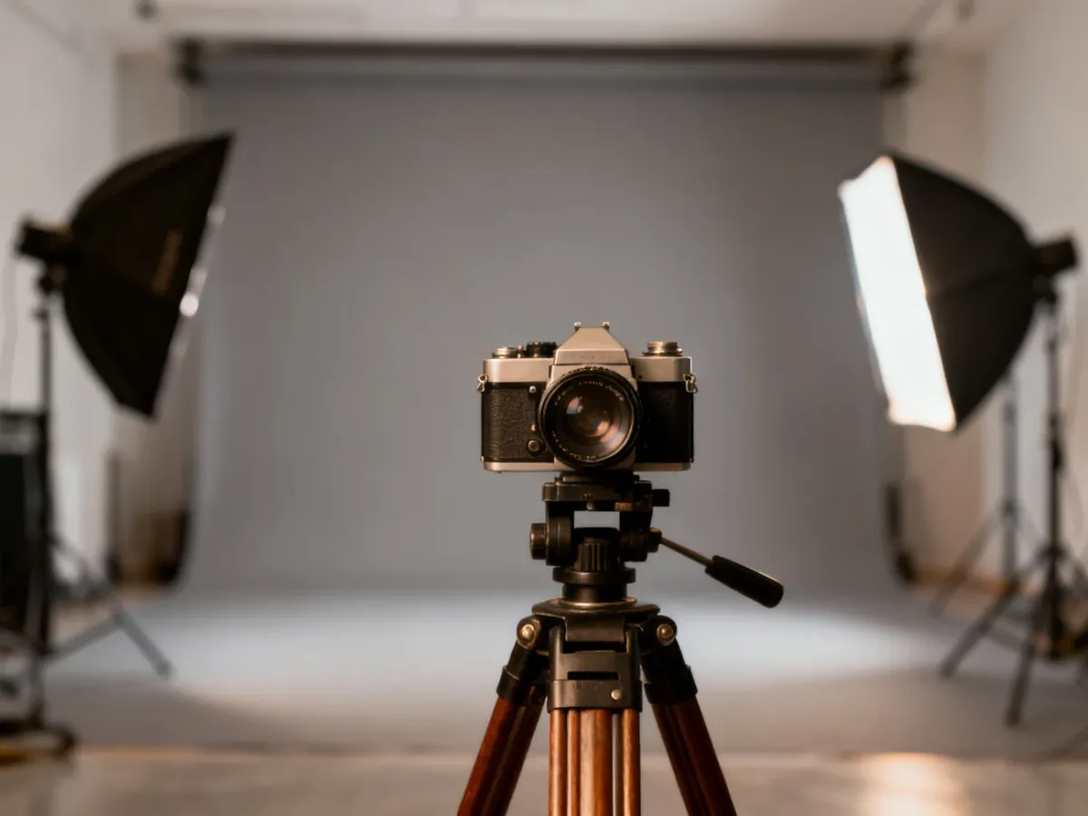 Profesjonalne stanowisko fotograficzne ze statywem i oświetleniem studyjnym przygotowane do sesji portretowej.