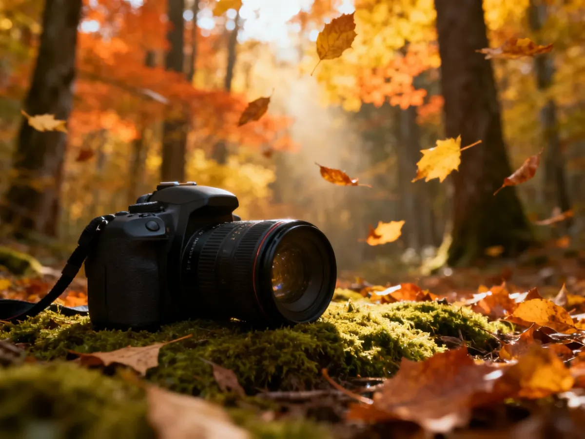 Profesjonalny aparat na mchu w jesiennym lesie, podkreślający nastrojową atmosferę i ciepłe światło podczas fotografowania.