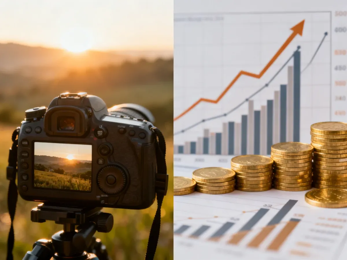 Porównanie pojęcia ekspozycji w fotografii poprzez aparat oraz w finansach za pomocą wykresu giełdowego i złotych monet.