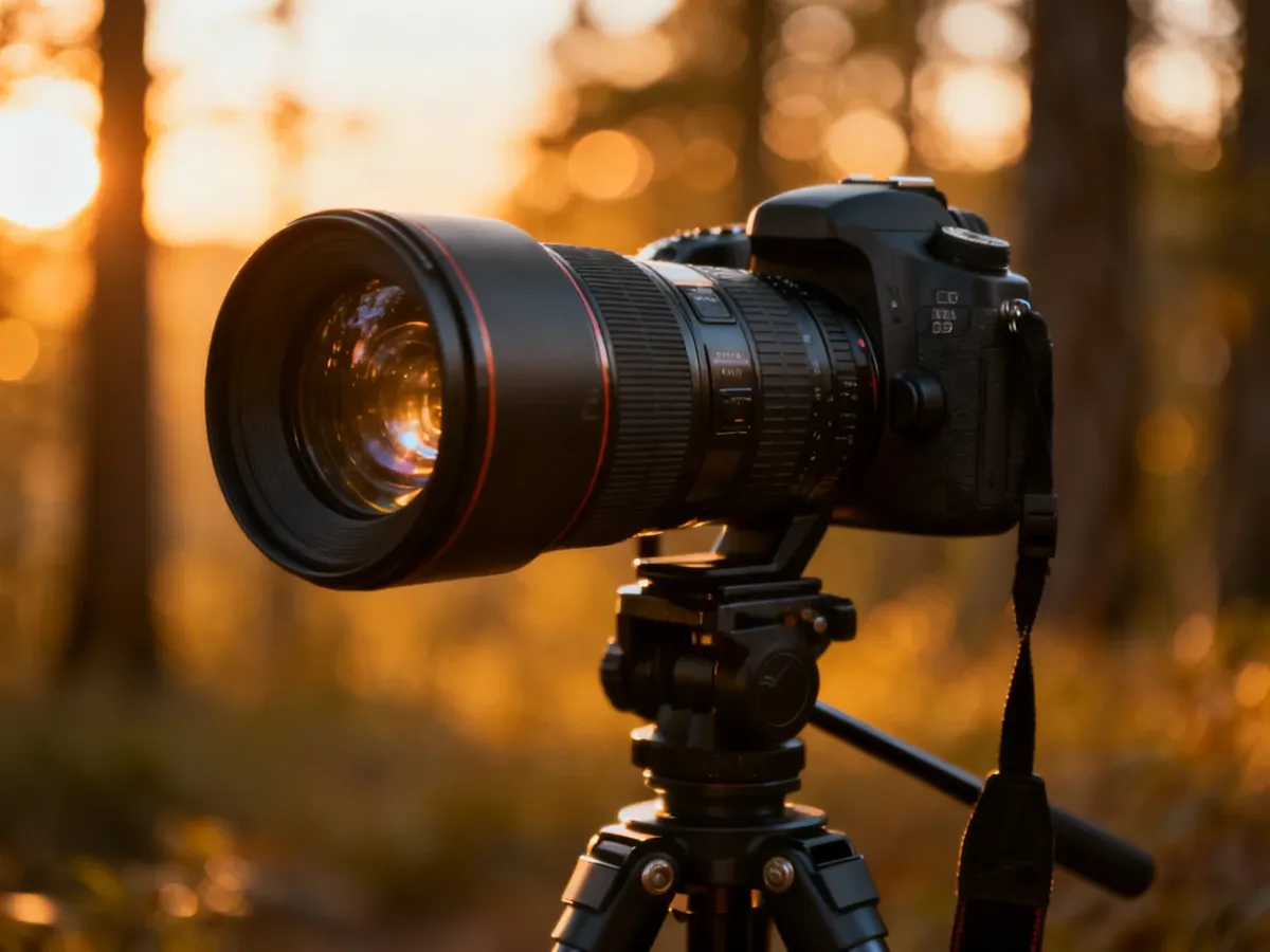 Profesjonalny aparat z teleobiektywem na statywie, gotowy do fotografowania przyrody w ciepłym świetle zachodzącego słońca.
