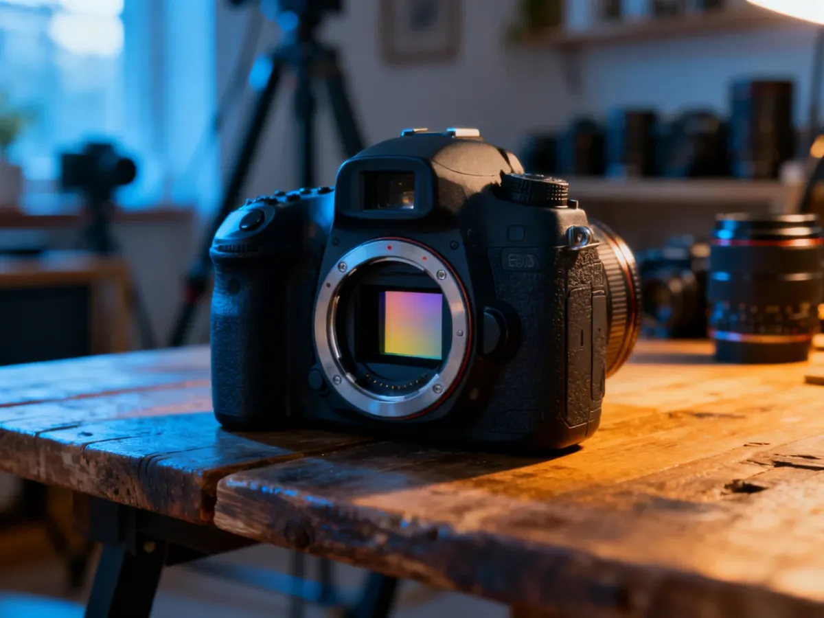 Profesjonalna matryca aparatu w zbliżeniu, ukazująca precyzję technologiczną w klimatycznym studio fotograficznym.