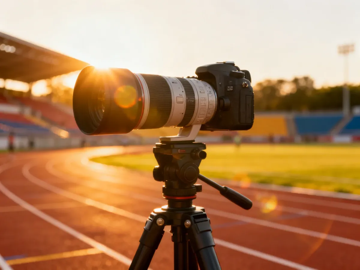 Profesjonalny aparat z teleobiektywem na statywie, gotowy do fotografowania zawodów sportowych na stadionie.