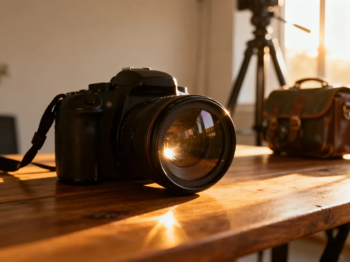 Profesjonalny aparat fotograficzny na drewnianym stole w słonecznym studiu, gotowy do rozpoczęcia przygody z fotografią.