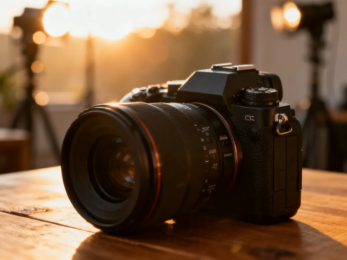 Profesjonalny aparat bezlusterkowy na drewnianym stole w oświetlonym studiu, gotowy do rozpoczęcia przygody z fotografią.