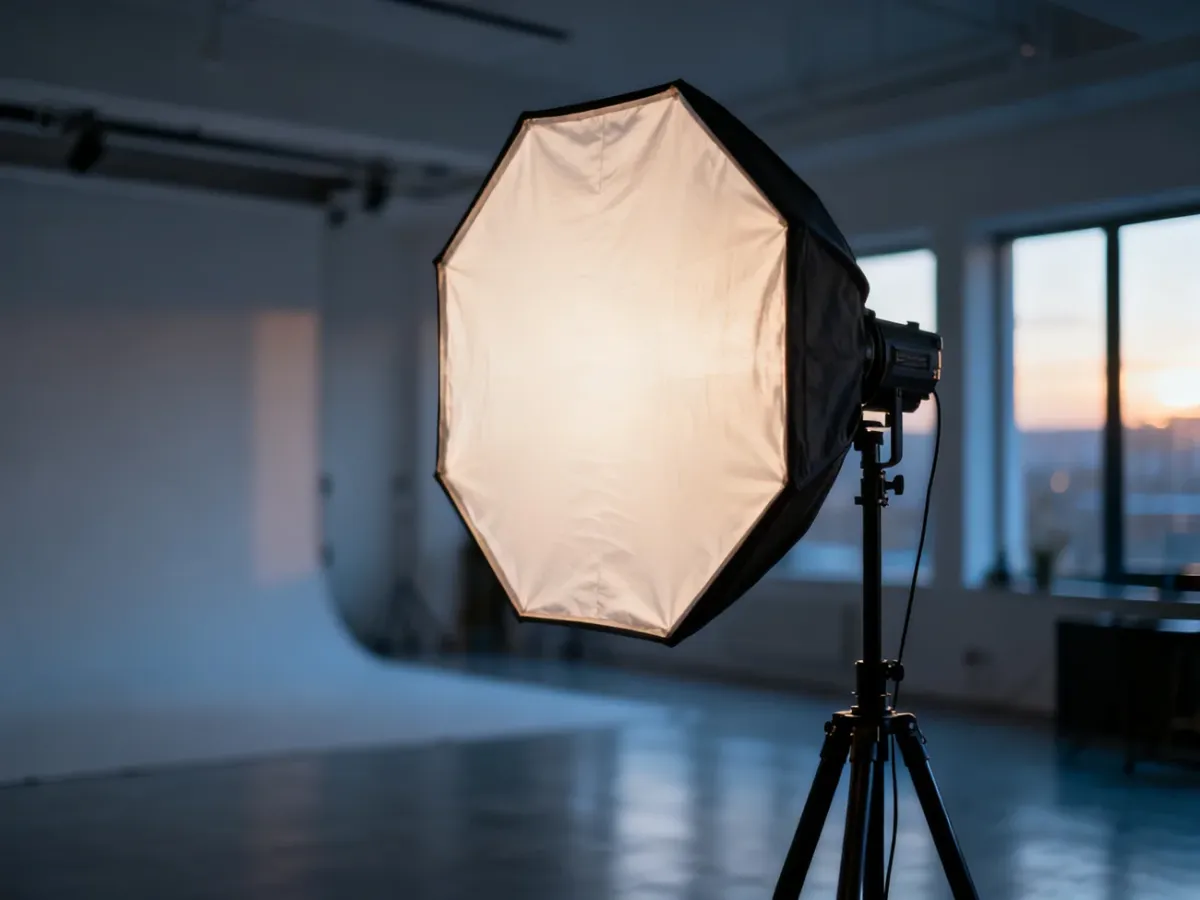 Profesjonalny softbox oktagonalny na statywie w oświetlonym studiu fotograficznym.