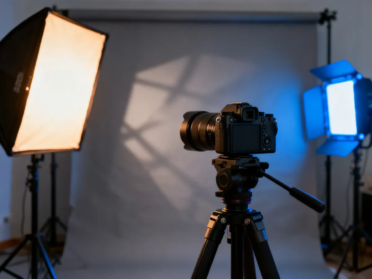 Profesjonalne studio fotograficzne z aparatem na statywie, oświetleniem typu softbox i szarym tłem do zdjęć portretowych.