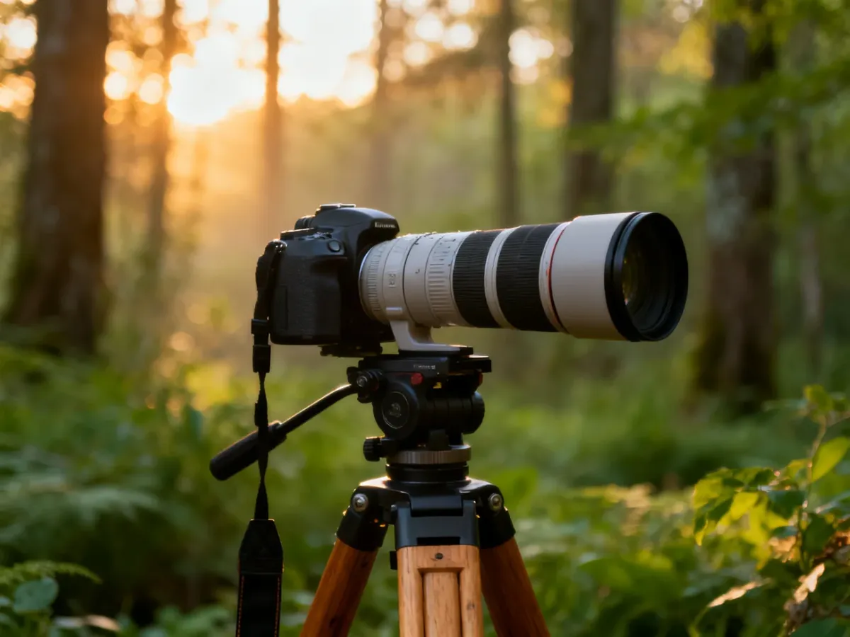 Profesjonalny aparat z teleobiektywem na statywie w lesie, gotowy do fotografowania dzikiej przyrody.