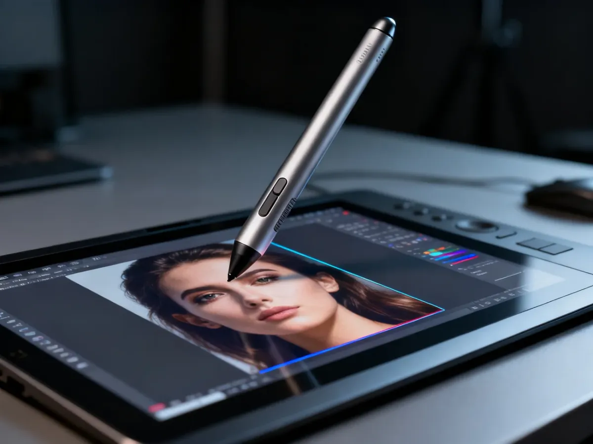 Profesjonalny tablet graficzny z porównaniem zdjęcia przed i po retuszu, ukazujący proces cyfrowej obróbki fotografii.