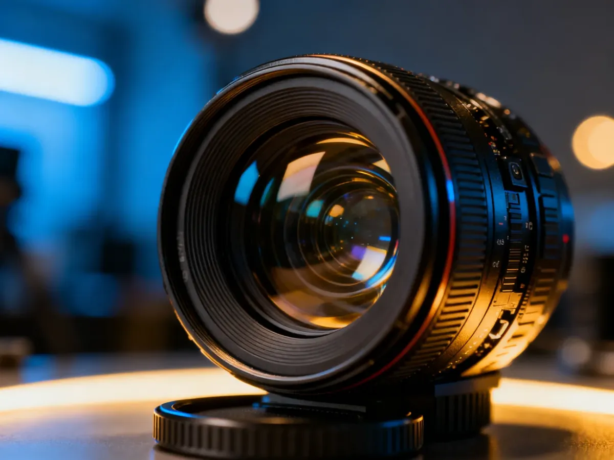 Zbliżenie na precyzyjne soczewki obiektywu aparatu, ukazujące złożoną budowę mechaniczną i optyczną sprzętu fotograficznego.