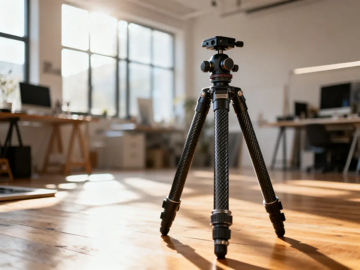Profesjonalny statyw fotograficzny z włókna węglowego z głowicą kulową, ustawiony w słonecznym studiu.